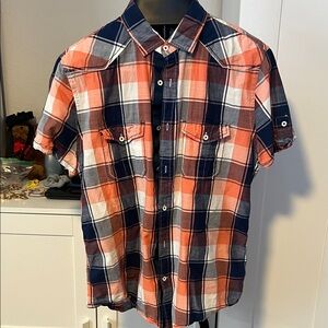 Express Men's Plaid Button-Down Shirt - Orange and Navy